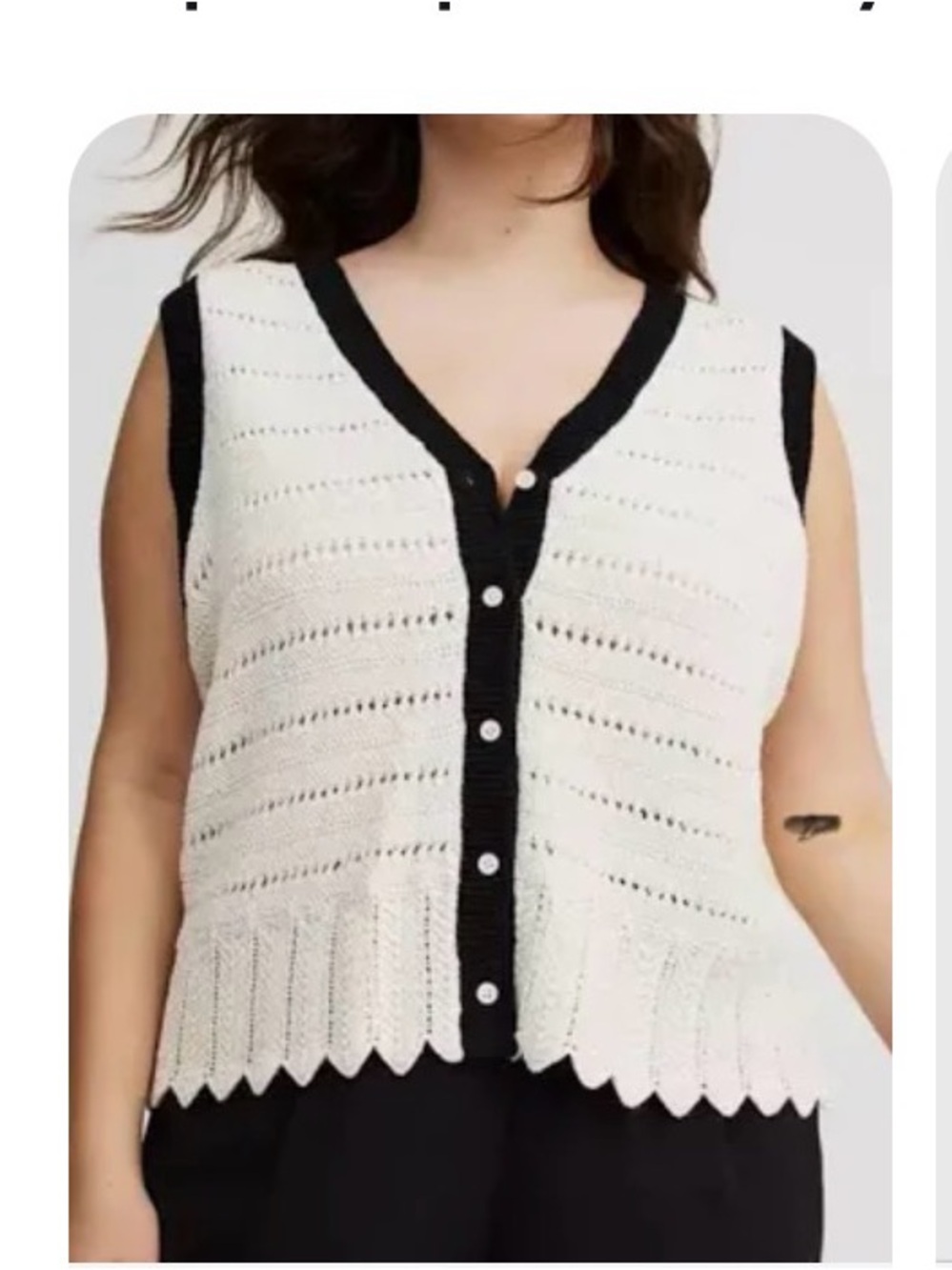 torrid White Sleeveless V-Neck Button Knit Vest with Black Trim
